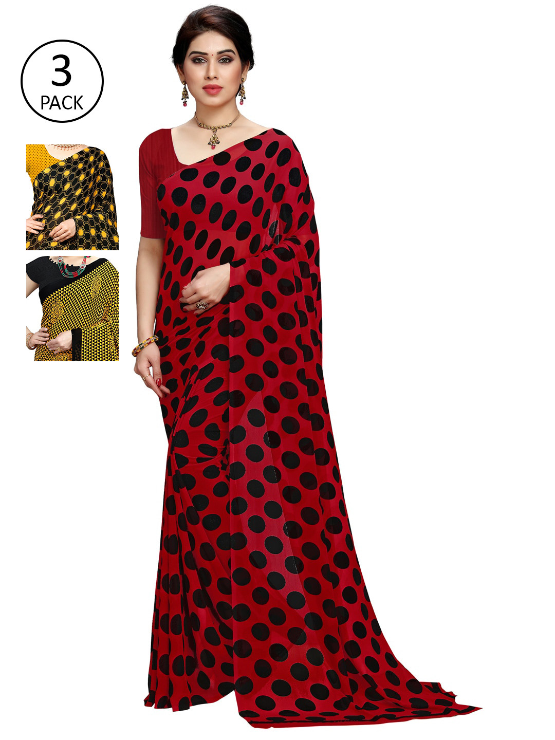 

KALINI Pack of 3 Printed Sarees, Maroon