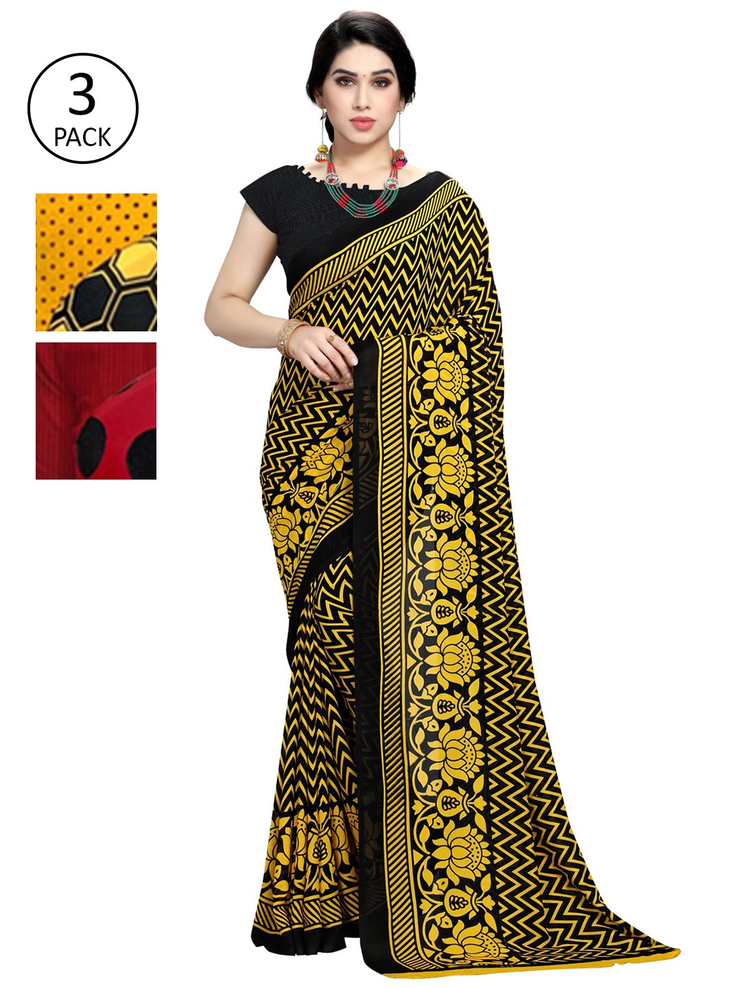 

KALINI Pack of 3 Printed Sarees, Black