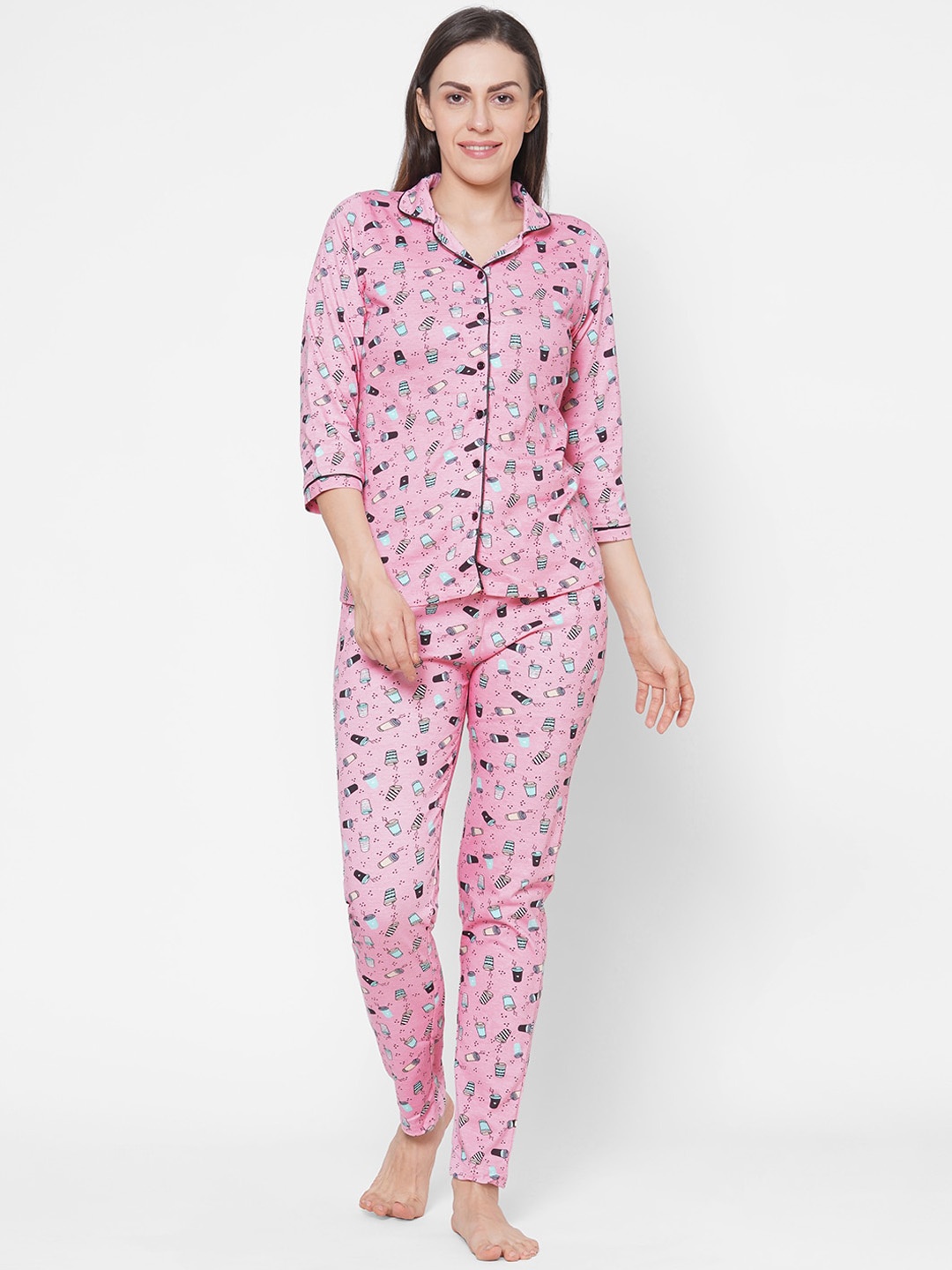 

Sweet Dreams Women Pink & Black Printed Night suit