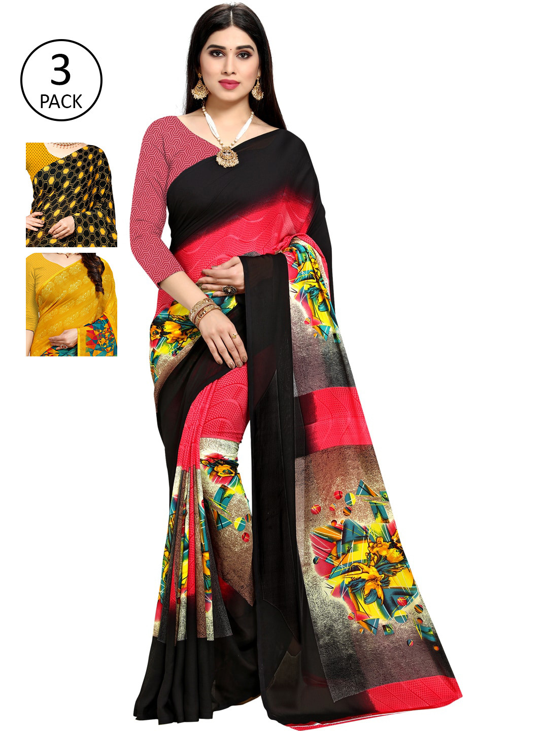 

KALINI Pack of 3 Printed Saree, Mustard