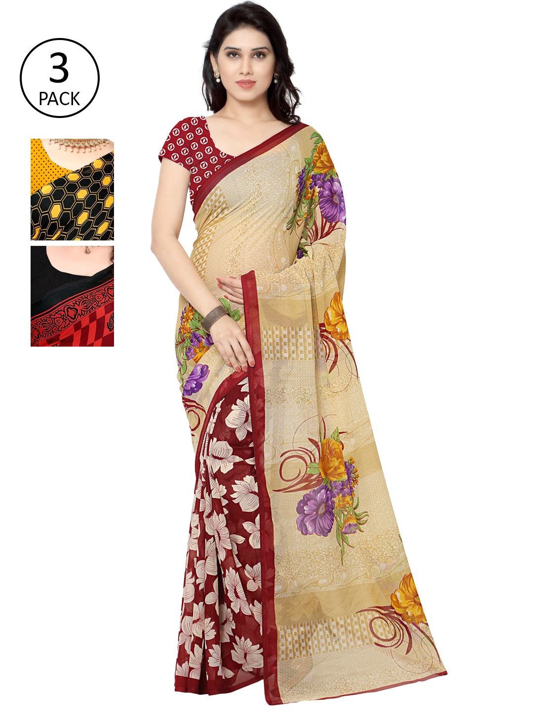 

KALINI Pack of 3 Printed Poly Georgette Saree, Multi