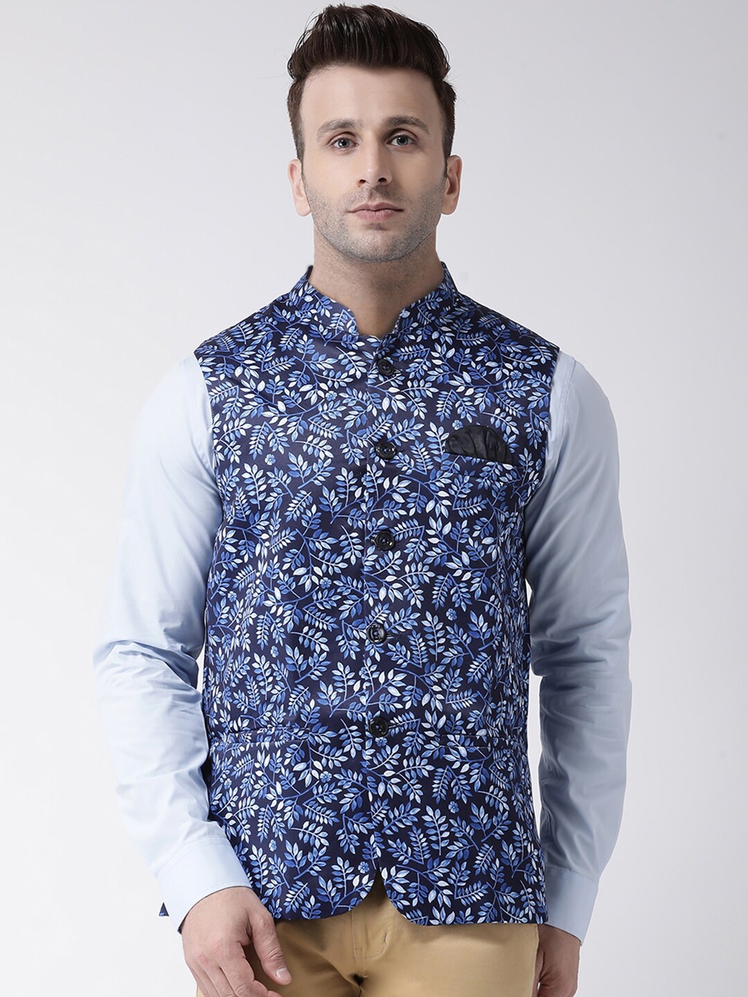 

Hangup Men Blue & White Printed Woven Nehru Jacket