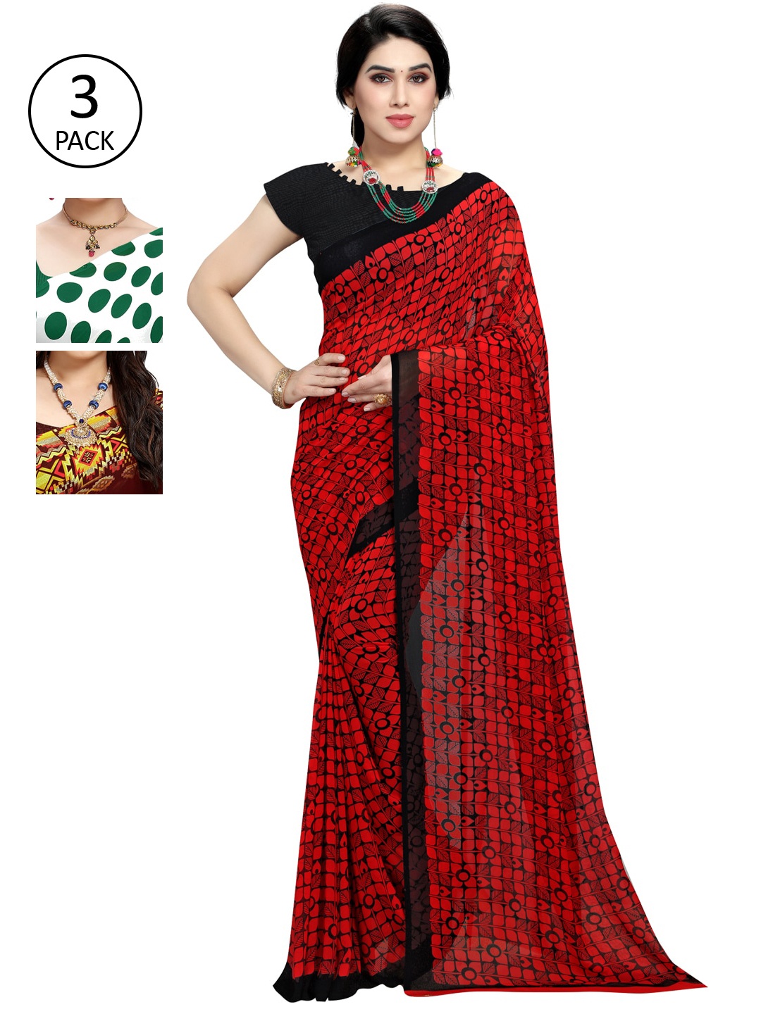 

KALINI Pack Of 3 Green & Maroon Saree
