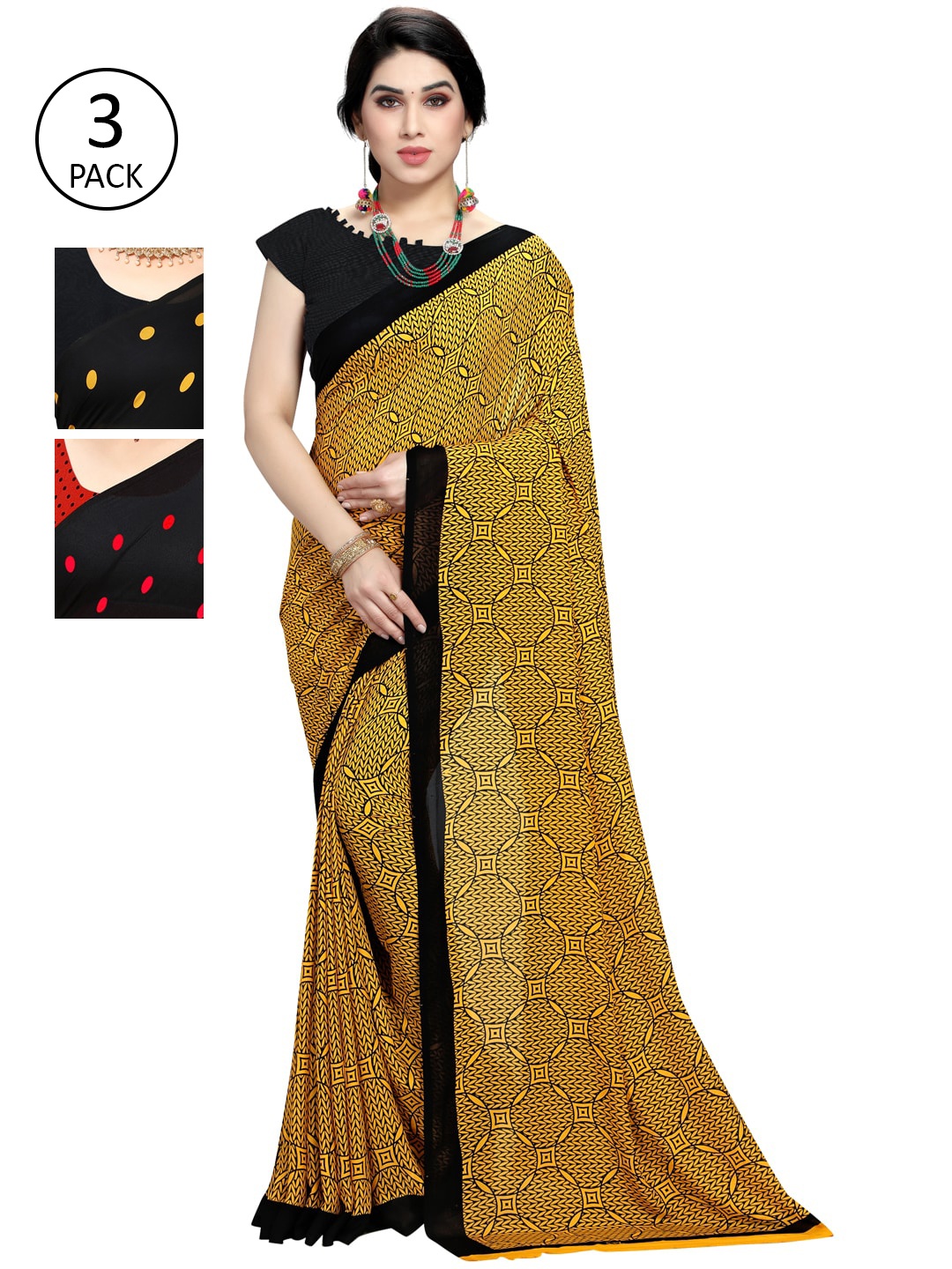 

KALINI Women Pack of 3 Printed Poly Georgette Sarees, Yellow