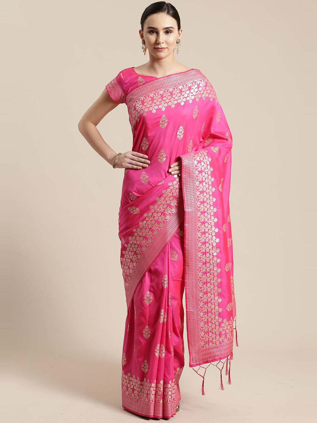 

Saree mall Pink & Silver-Toned Floral Silk Blend Sarees