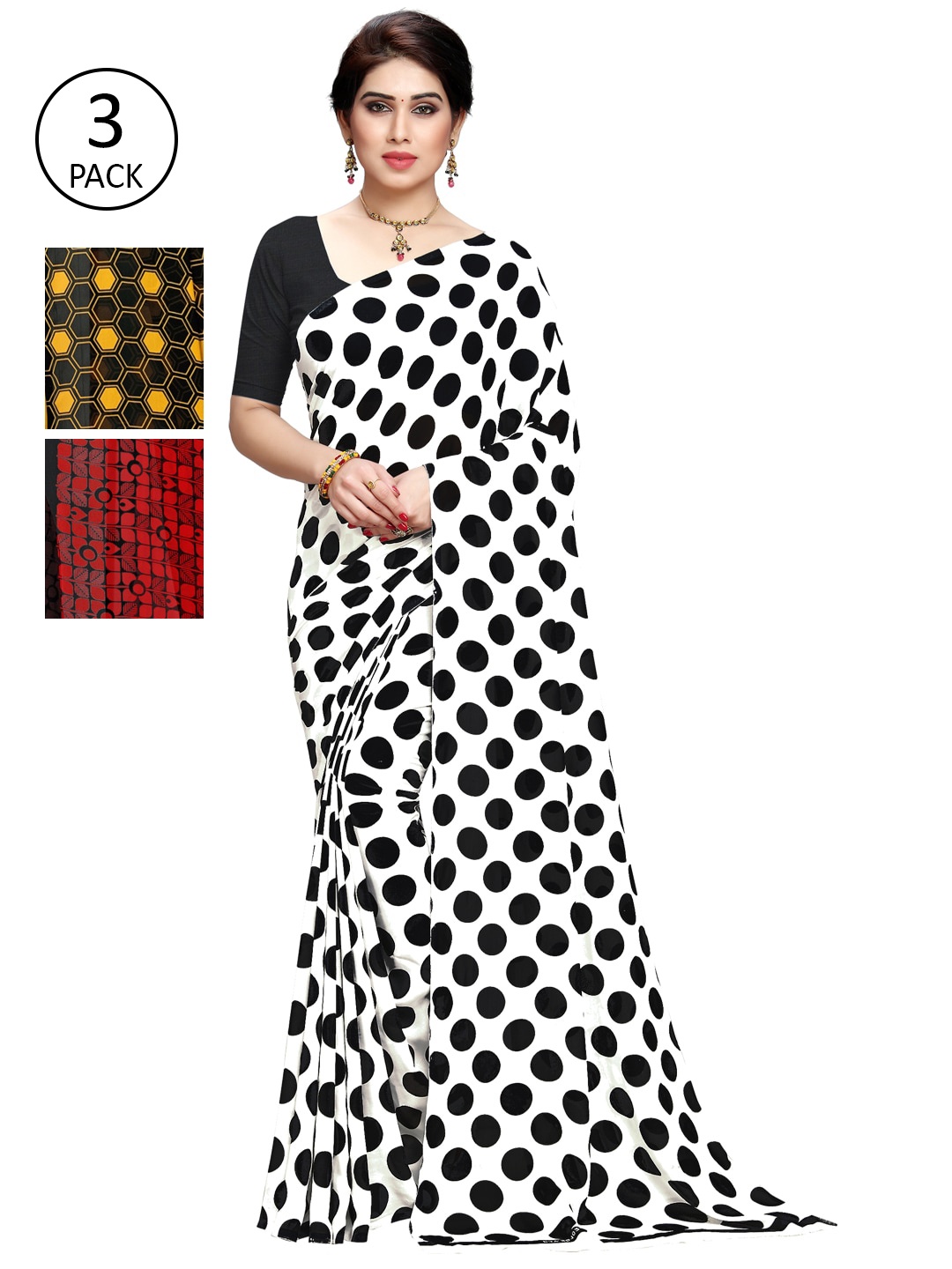 

KALINI Women Pack of 3 Printed Poly Georgette Sarees, Yellow