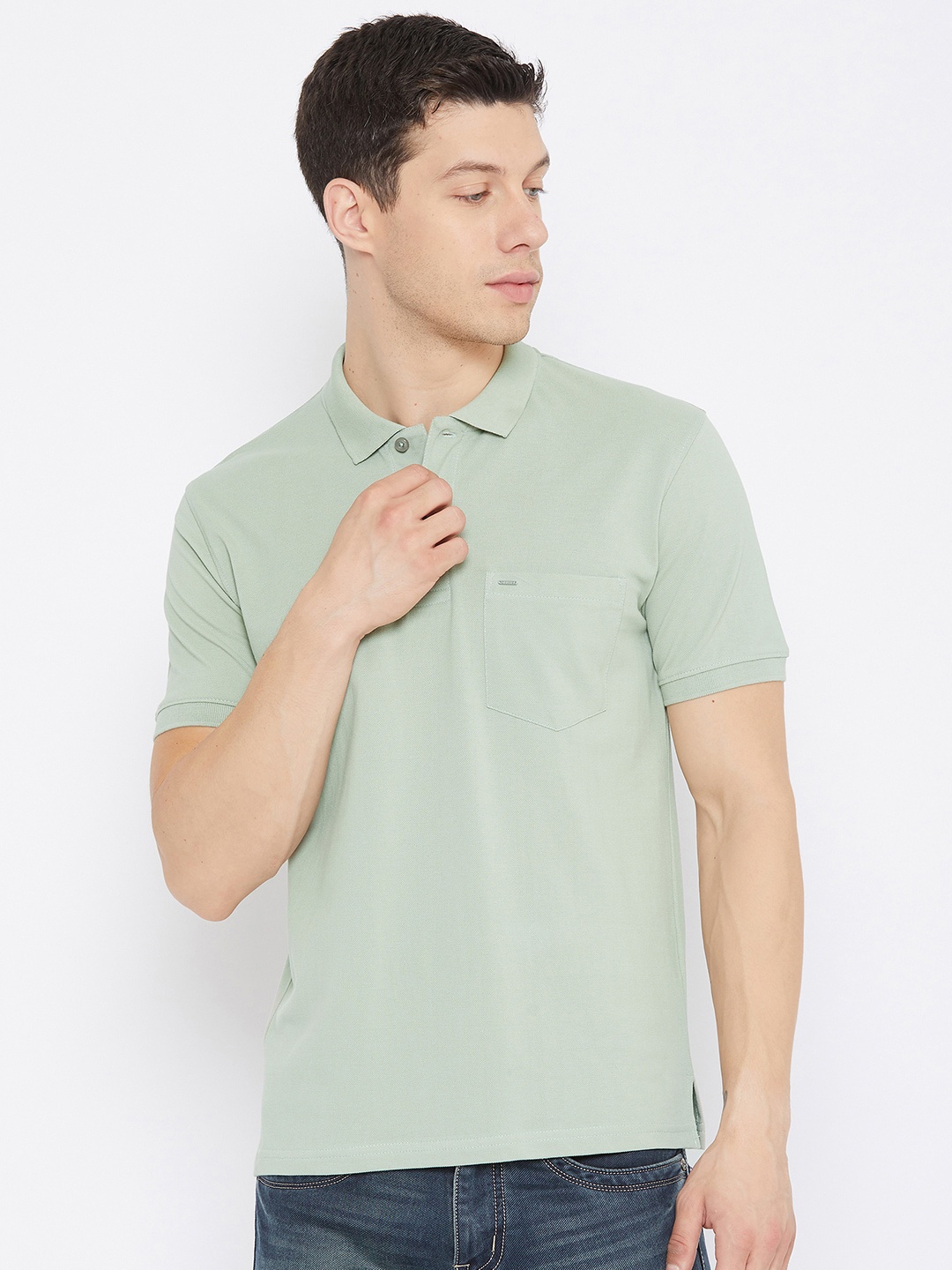 

Okane Men Green Polo Collar T-shirt