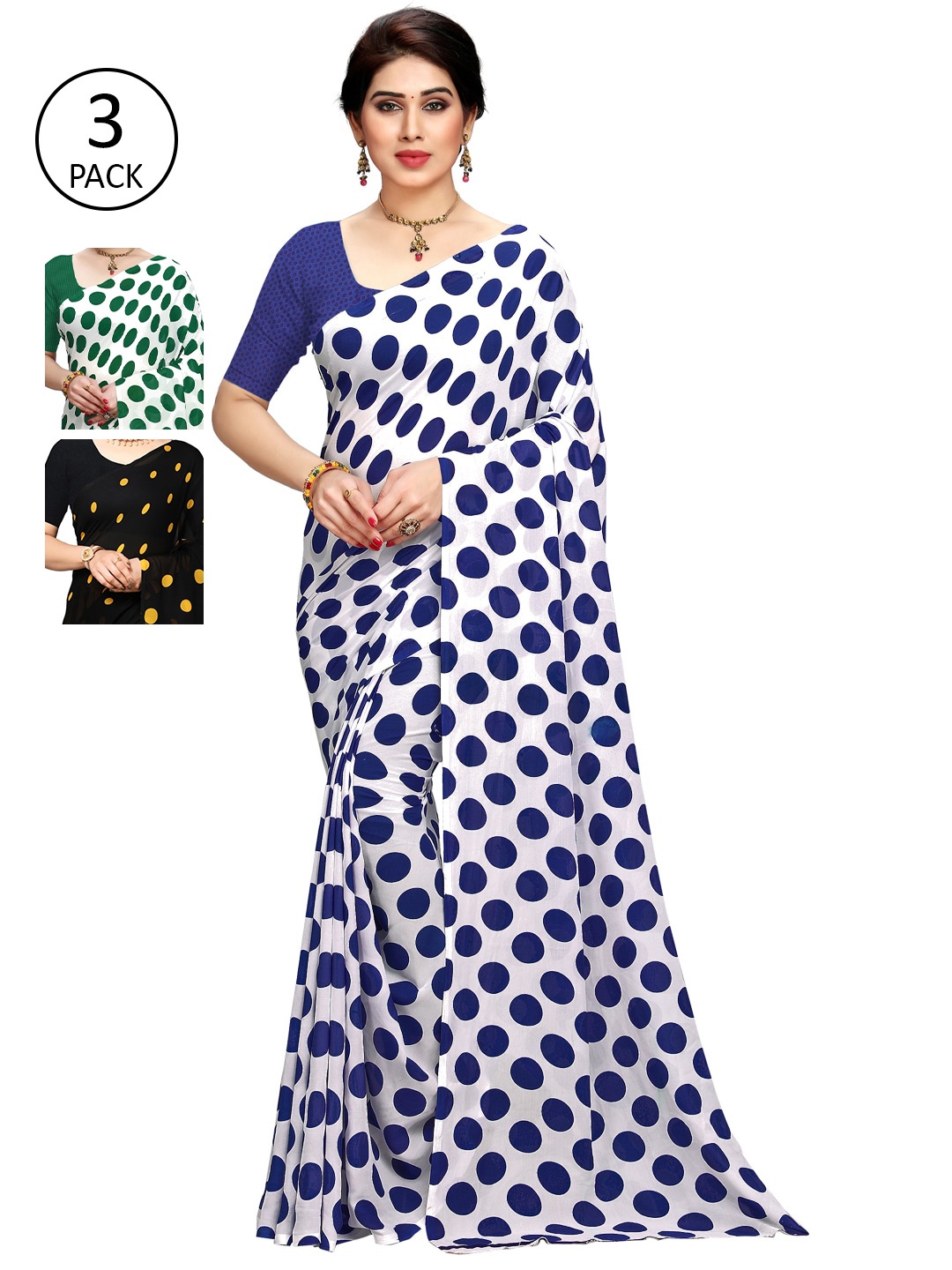 

KALINI Pack of 3 White & Green Saree