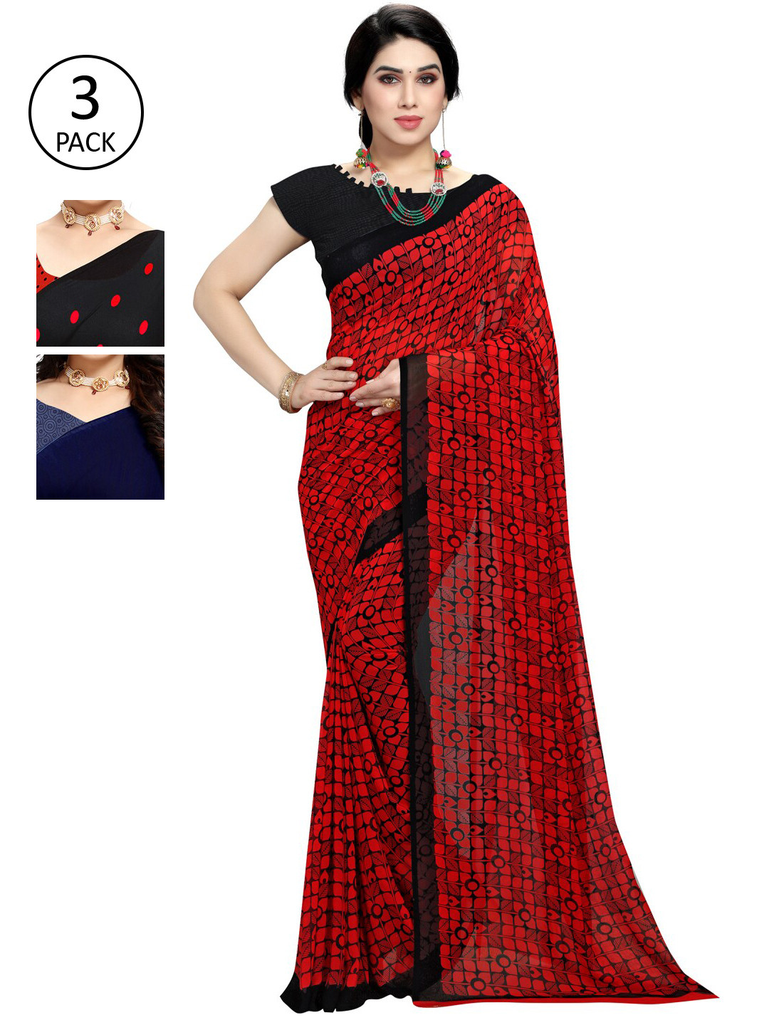 

KALINI Black & Red Pack of 3 Printed Saree