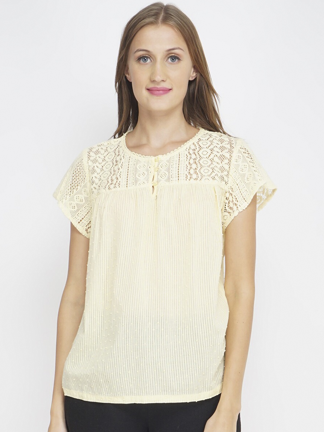 

Oxolloxo Women Yellow Self-Design Cotton Lounge T-Shirt