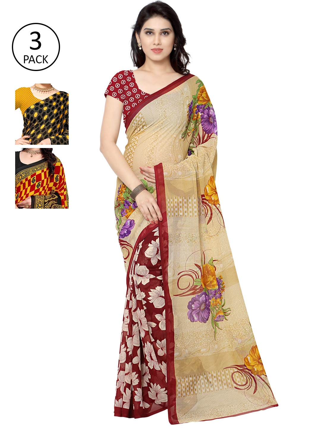 

KALINI Pack Of 3 Poly Georgette Sarees, Beige