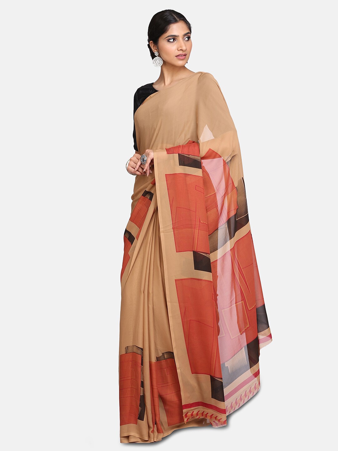 

Mirraw Beige & Red Pure Georgette Saree