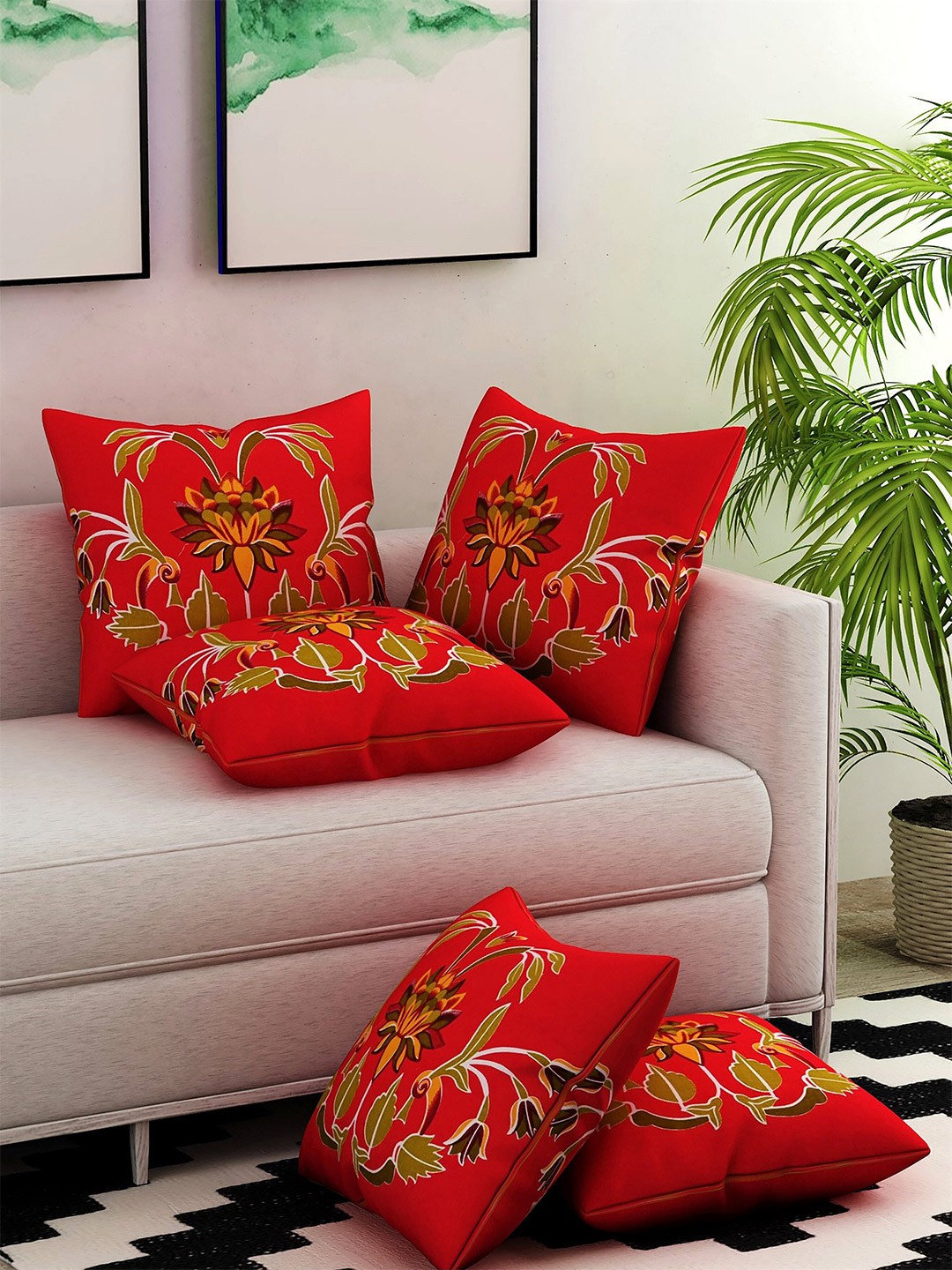 

Salona Bichona Red & Green Set of 5 Ethnic Motifs Square Cushion Covers