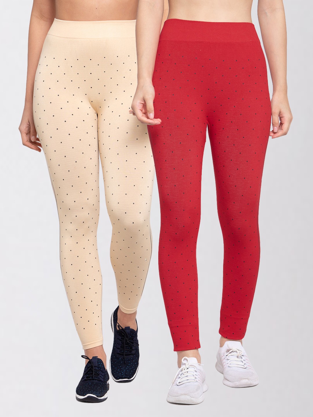 

KLOTTHE Women Pack Of 2 Polka Dot Printed Skinny-Fit Jeggings, Beige