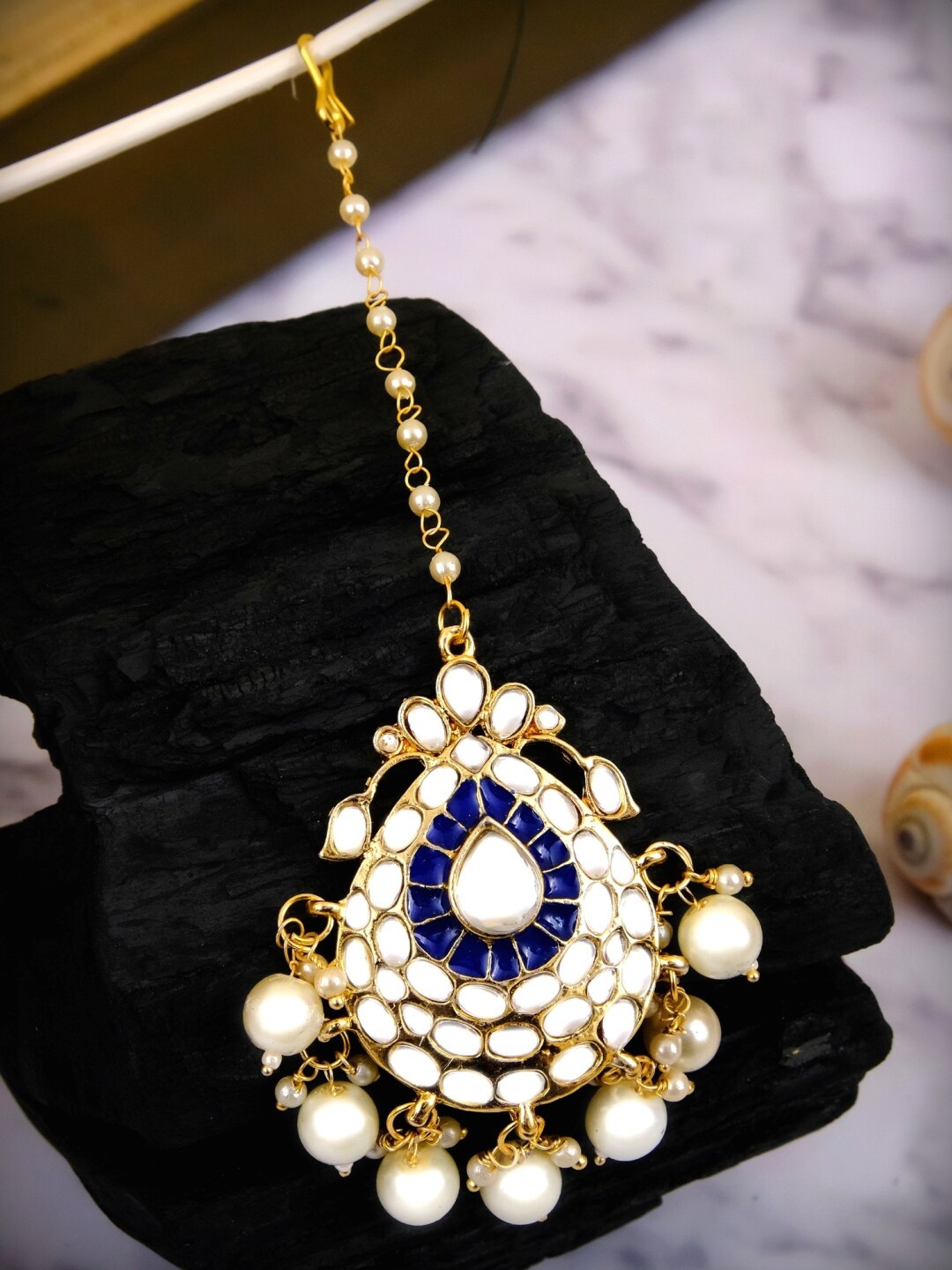 

Crunchy Fashion Gold-Plated Blue & White Kundan-Studded & Beaded Meenakari Maang Tikka
