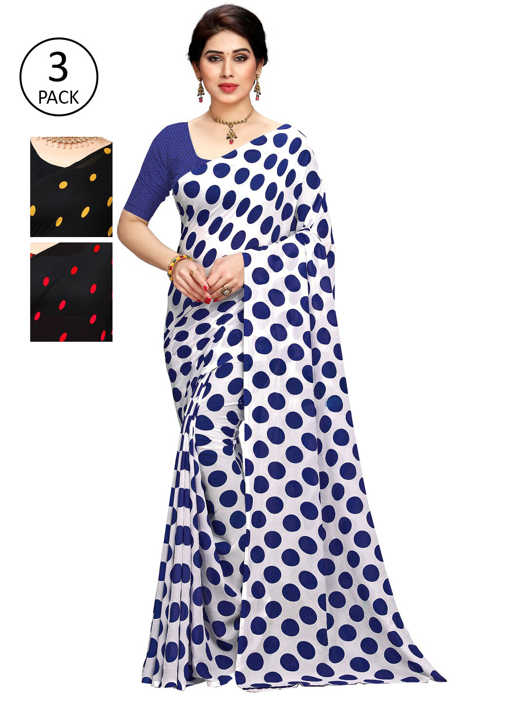 

KALINI Pack Of 3 Poly Georgette Sarees, White