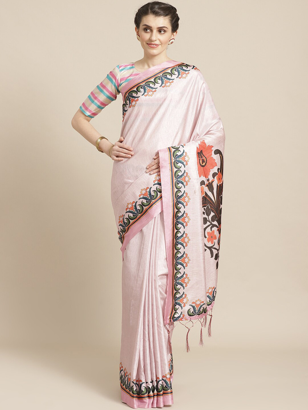 

Saree mall Pink & Green Floral Silk Blend Sarees