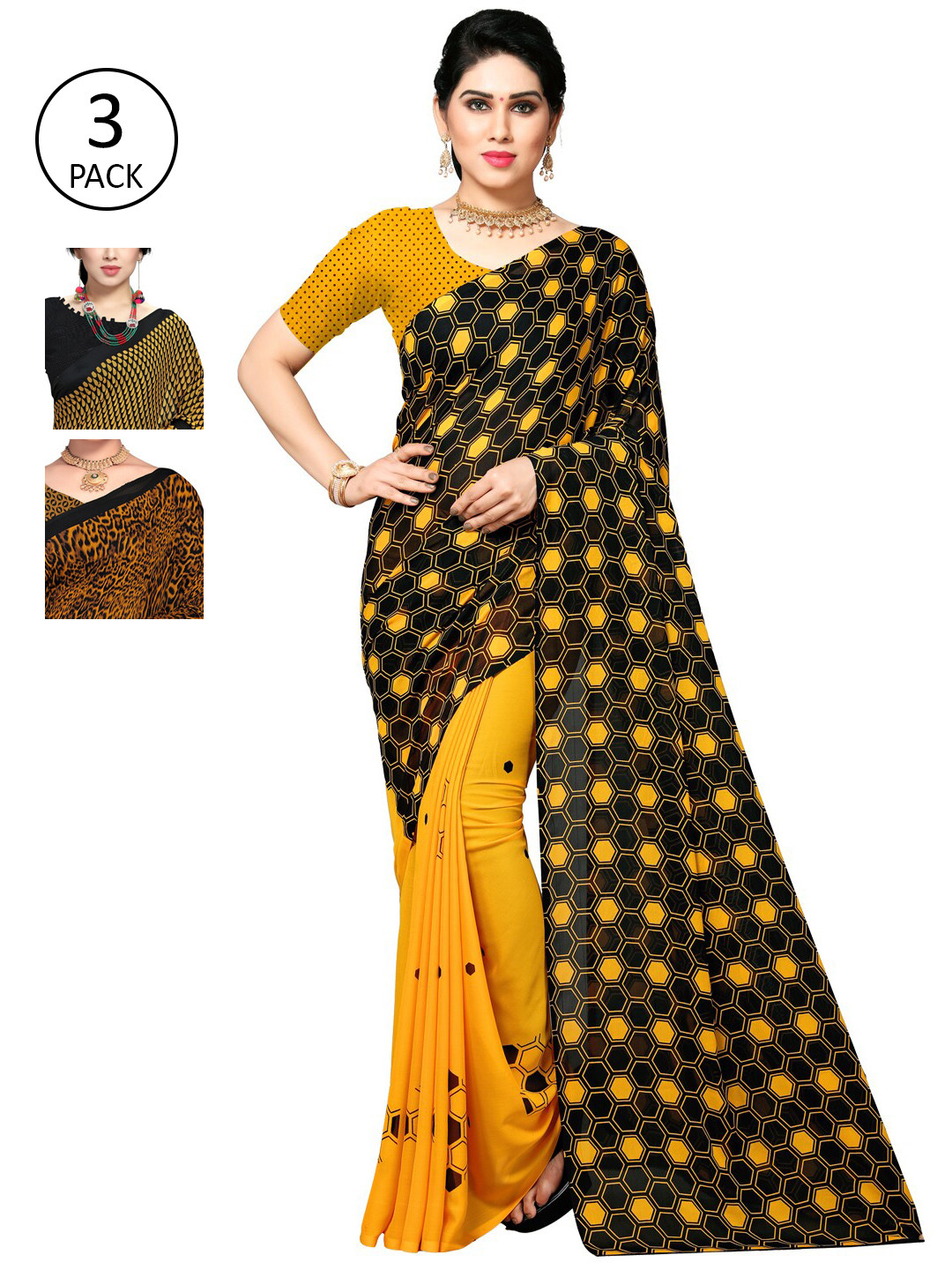 

KALINI Pack of 3 Printed Poly Georgette Saree, Multi