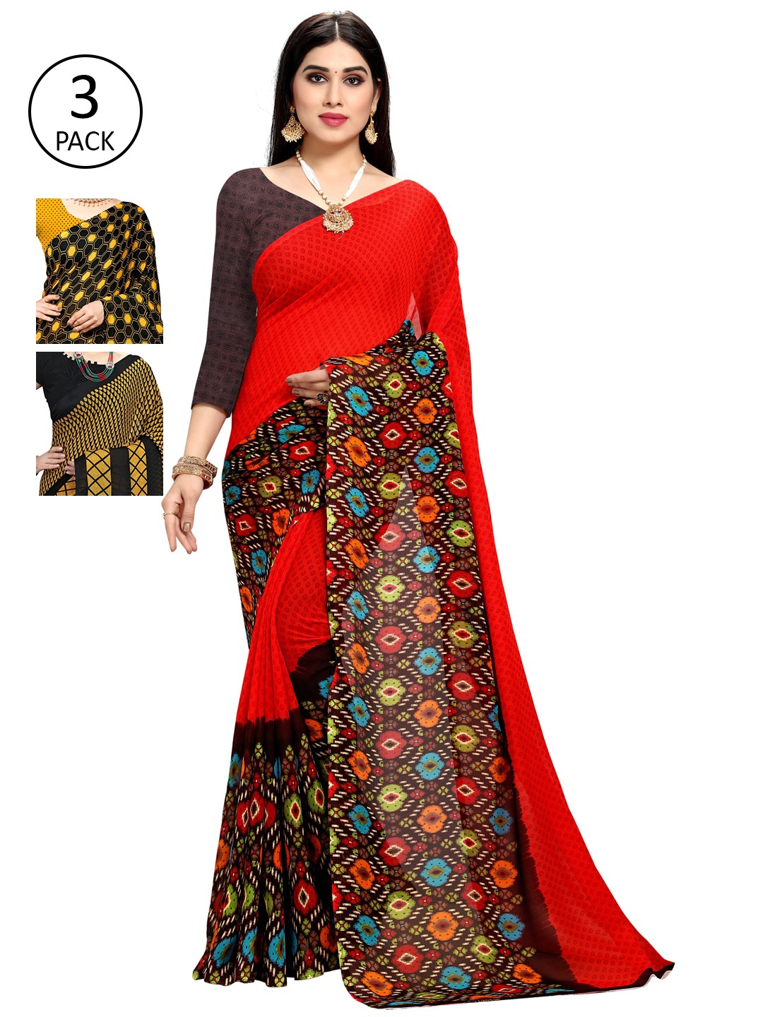 

KALINI Pack of 3 Printed Saree, Mustard
