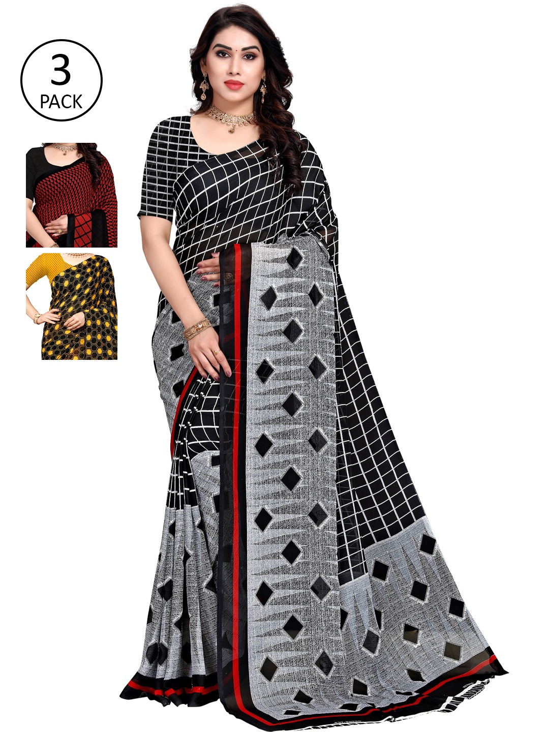 

KALINI Multicoloured Set of 3 Poly Georgette Saree, Multi