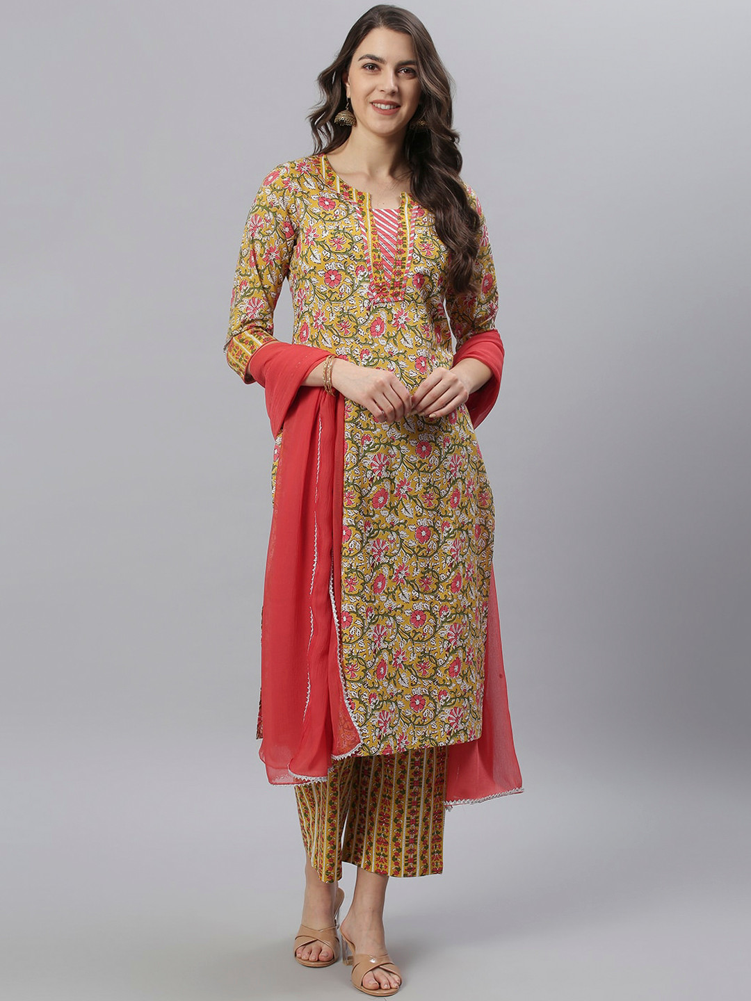 

Azira Women Yellow Ethnic Motifs Printed Pure Cotton Kurta with Palazzos & Dupatta