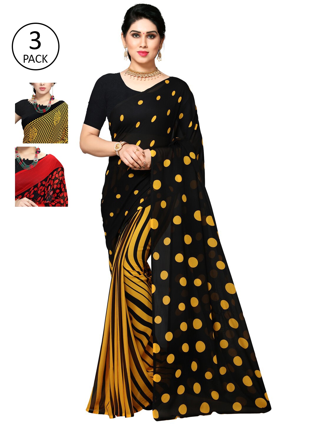 

KALINI Pack of 3 Poly Georgette Printed Sarees, Mustard