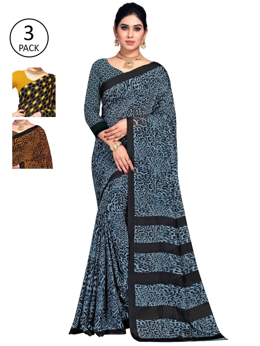 

KALINI Yellow & Black Floral Pack of 3 Saree