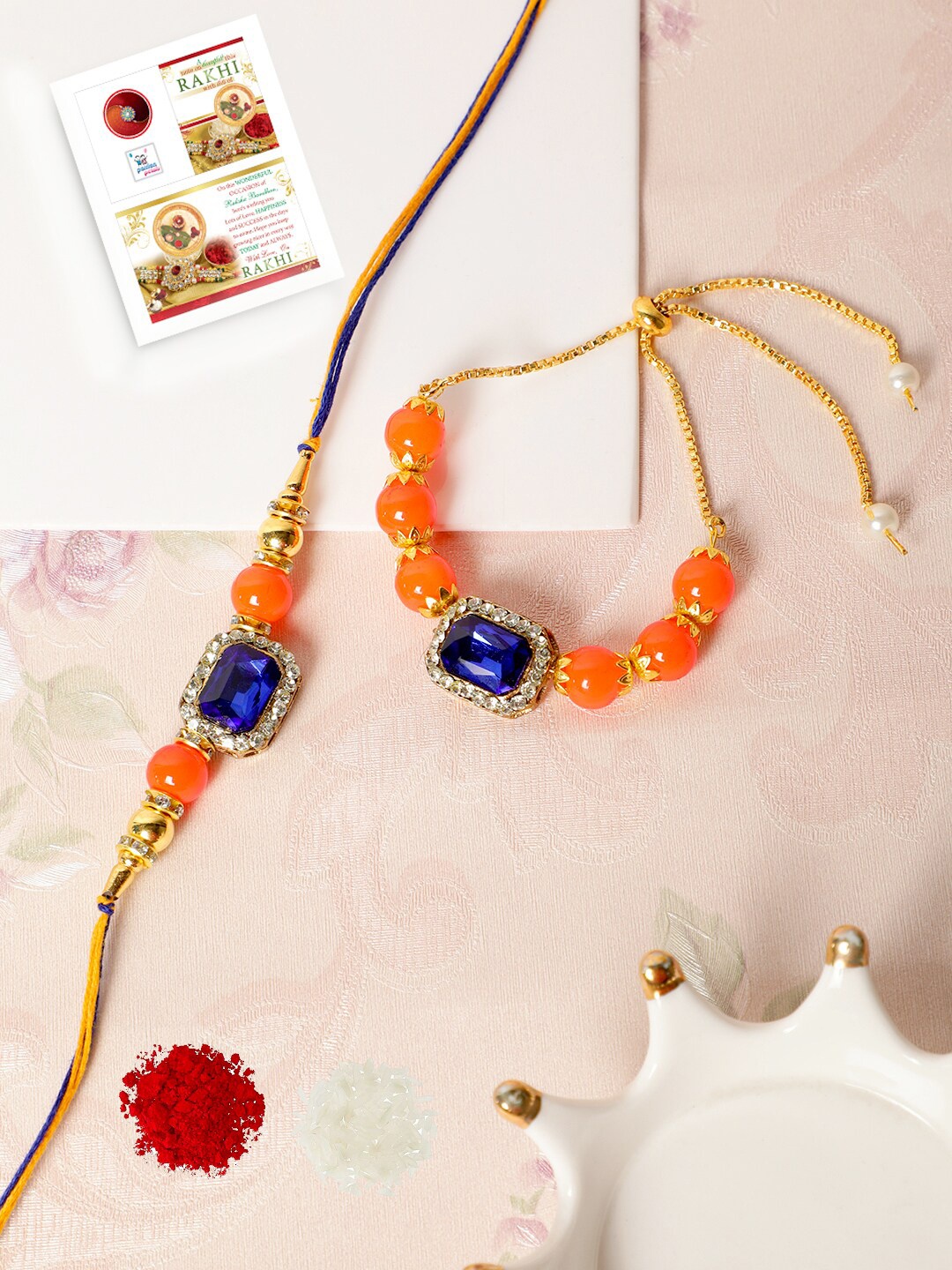 

PASSION PETALS Orange Bracelet Style Bhaiya Bhabhi Rakhi Set With Card & Roli Chawal