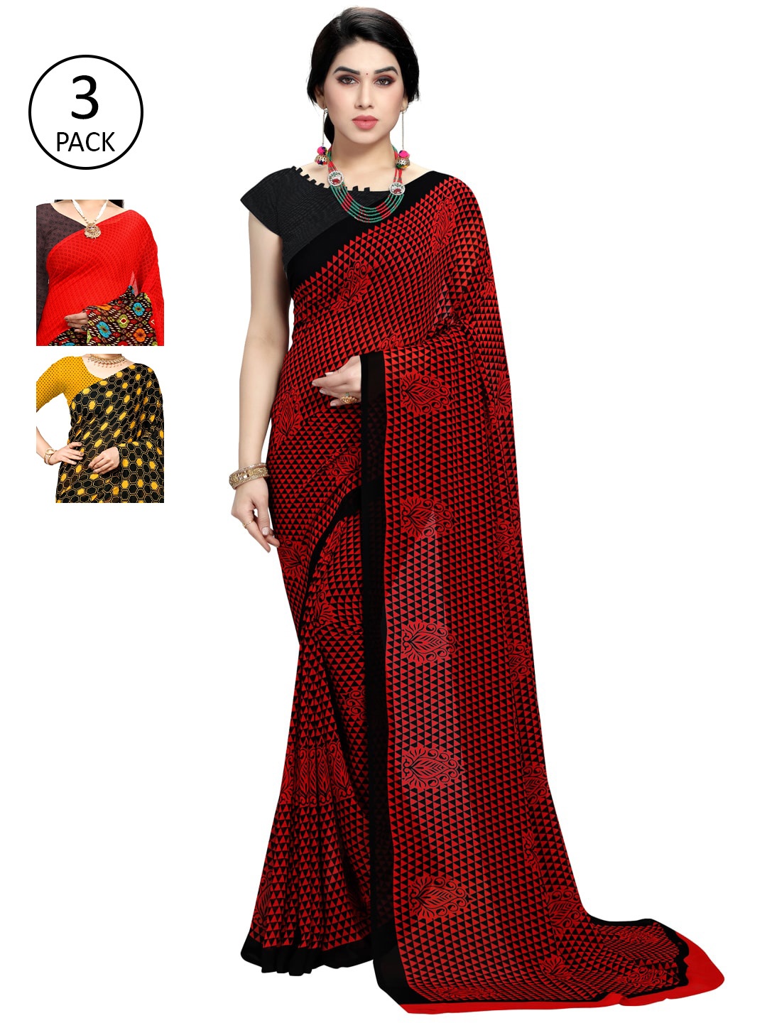 KALINI Multicoloured Set of 3 Poly Georgette Saree, Multi