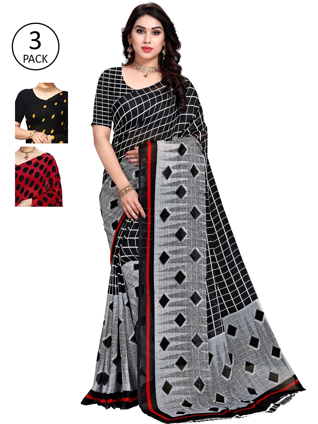 

ANAND SAREES Multicoloured Set of 3 Poly Georgette Saree, Multi