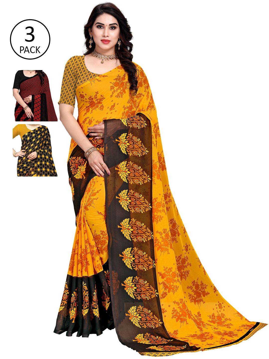 

KALINI Yellow & Black Pack of 3 Printed Saree