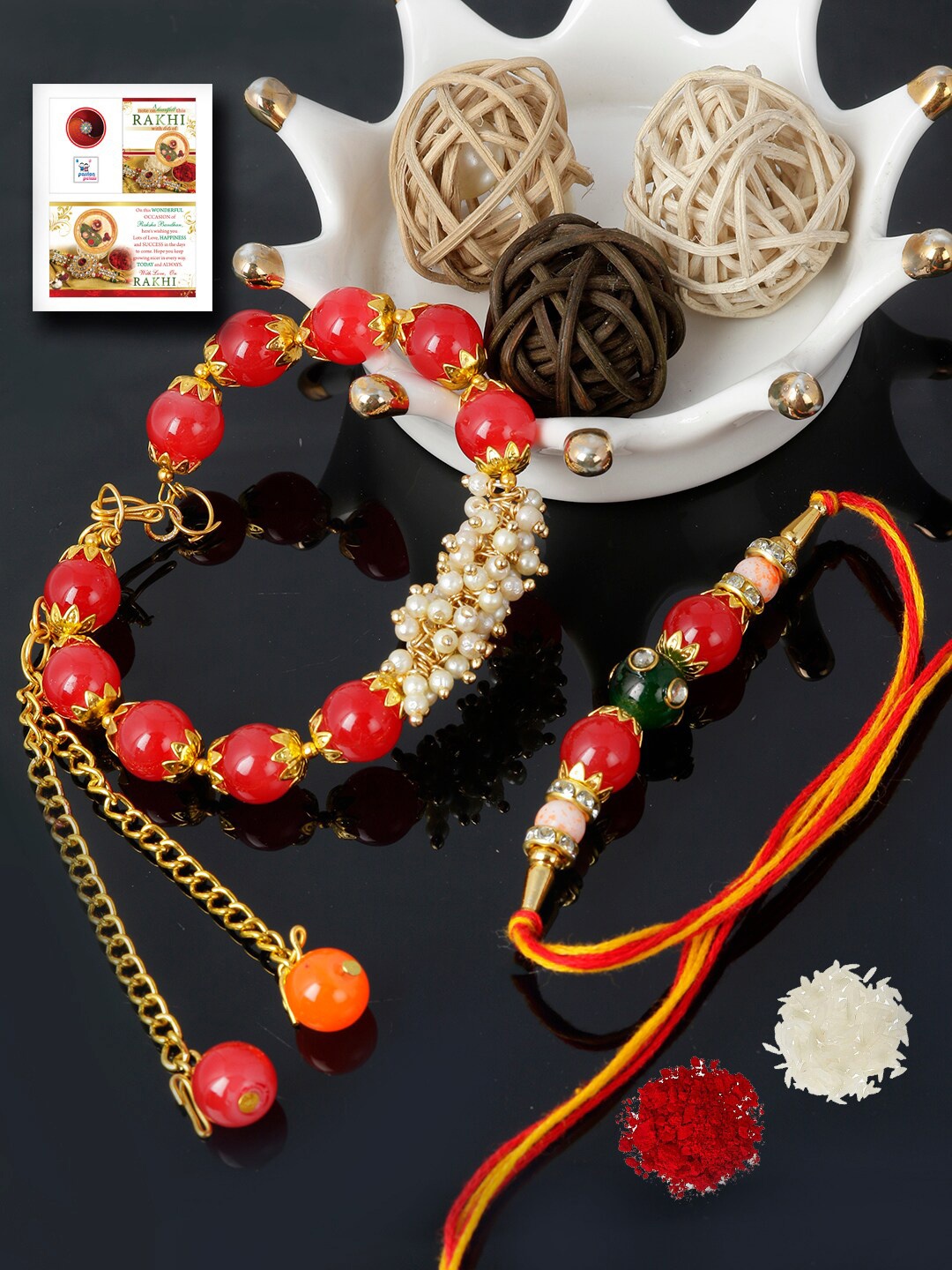

PASSION PETALS Red Set of 2 Bracelet Style Bhaiya Bhabhi Rakhi, Card ,Roli Chawal