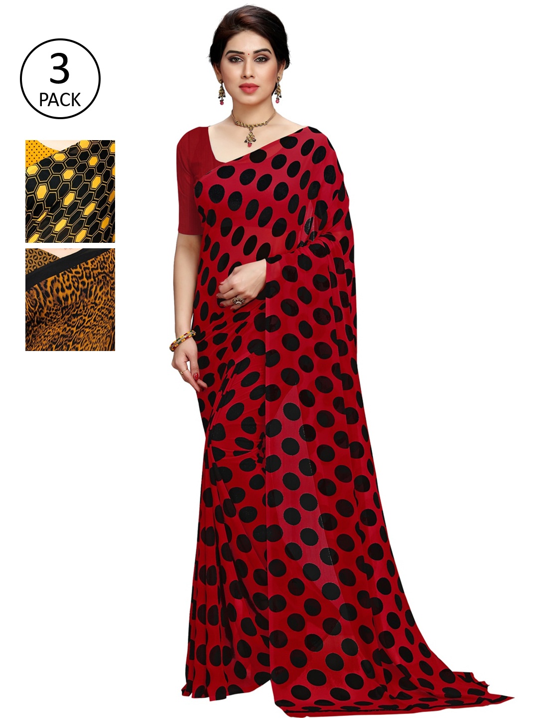 

KALINI Women Pack Of 3 Printed Sarees, Red