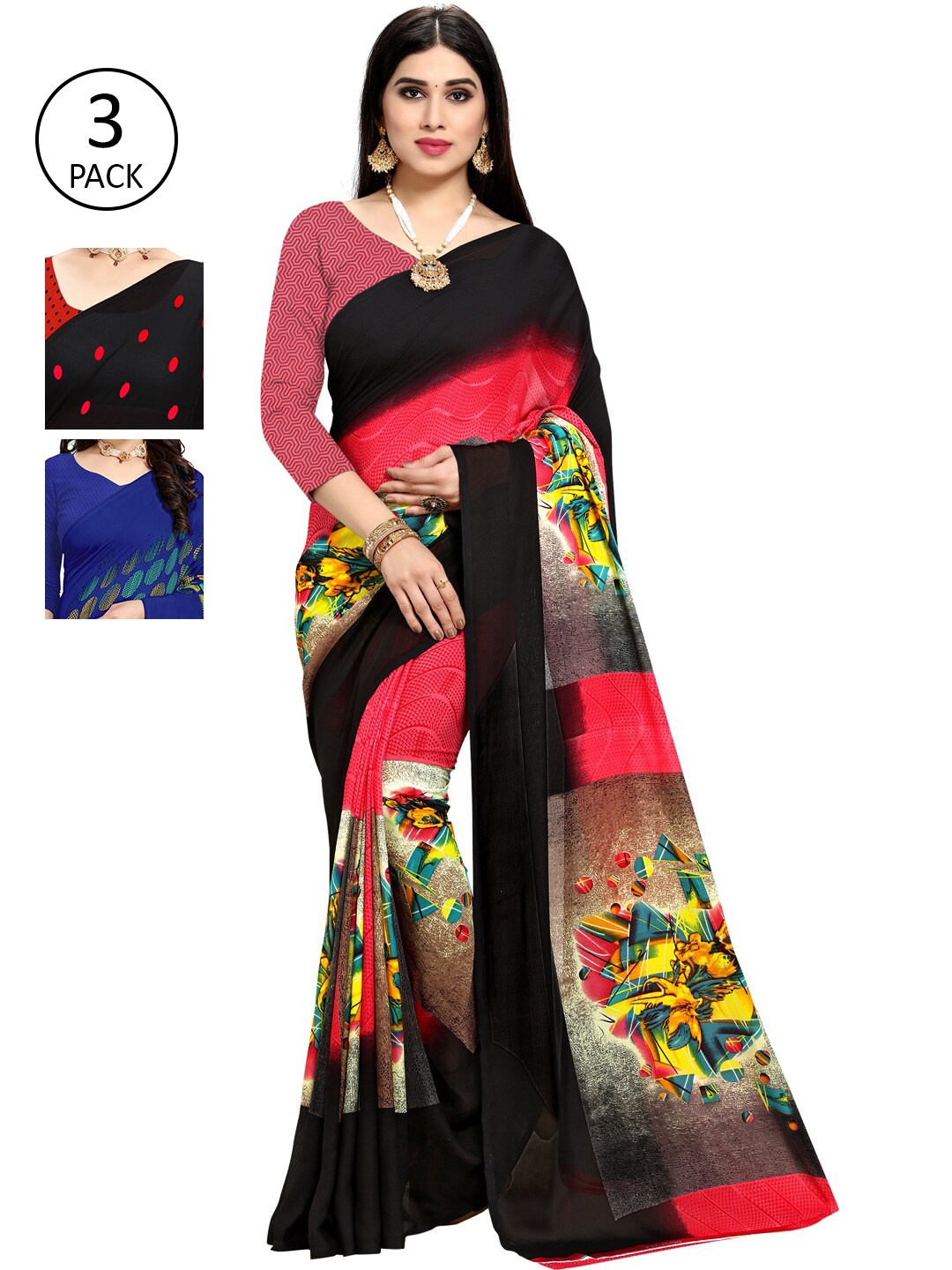 

ANAND SAREES Women Pack of 3 Printed Sarees, Red