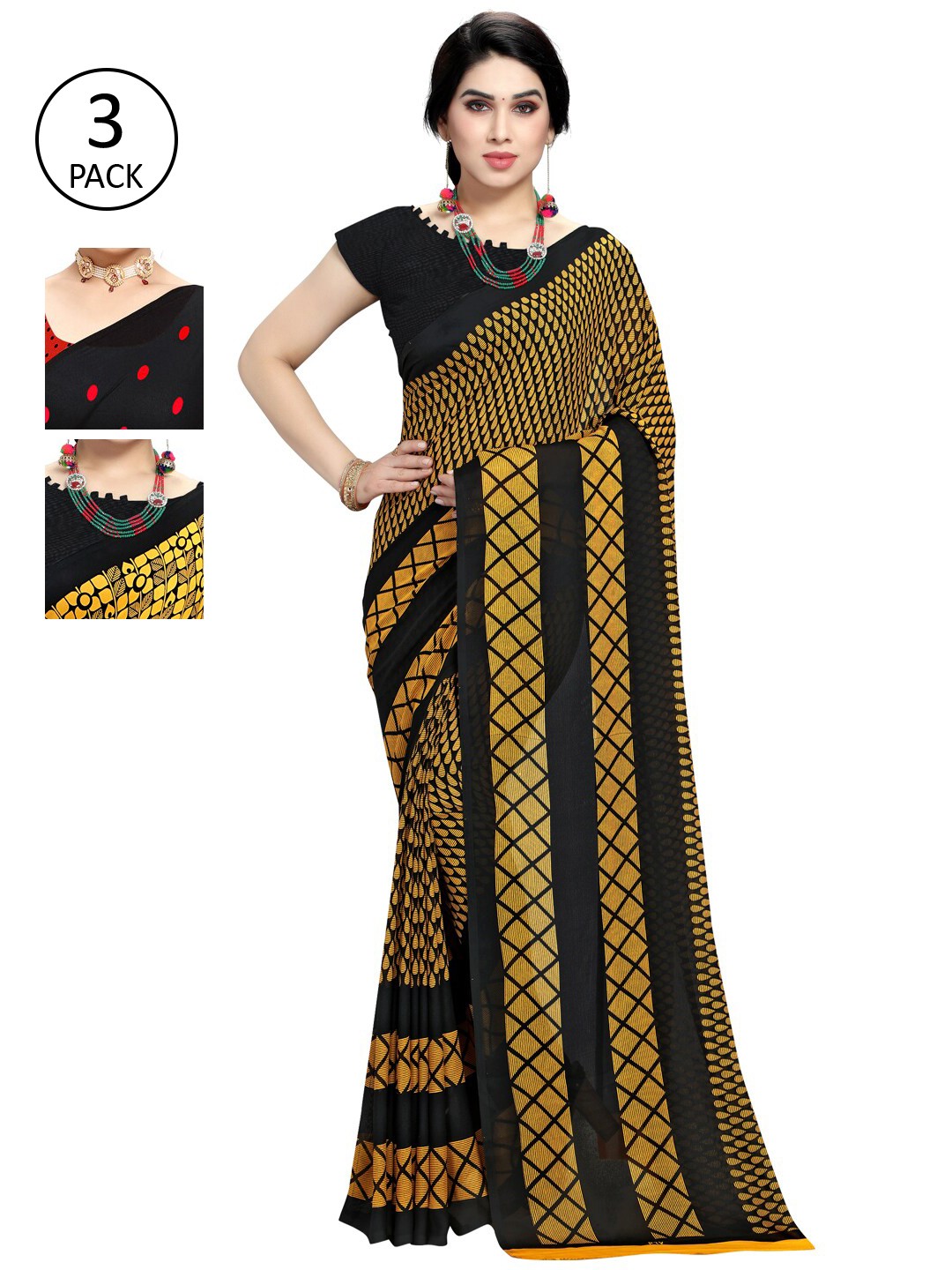 

KALINI Pack of 3 Printed Poly Georgette Saree, Multi