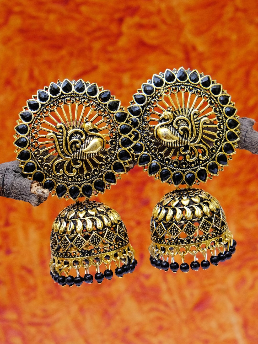 

Crunchy Fashion Black & Gold-Plated Dome Shaped Jhumkas Earrings