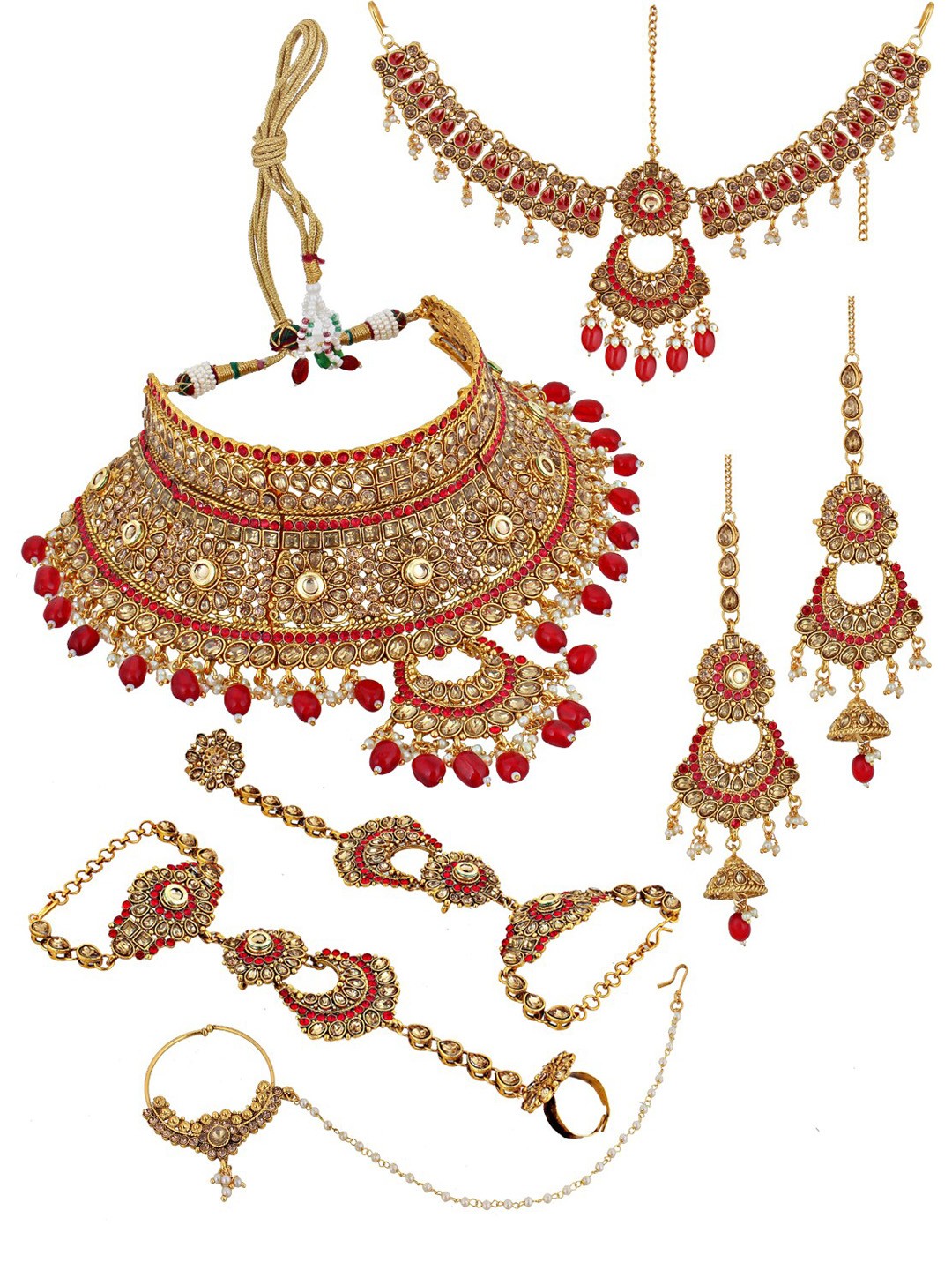 LUCKY JEWELLERY Gold-Plated & Red Pearl Beaded Handcrafted Bridal Jewellery Set