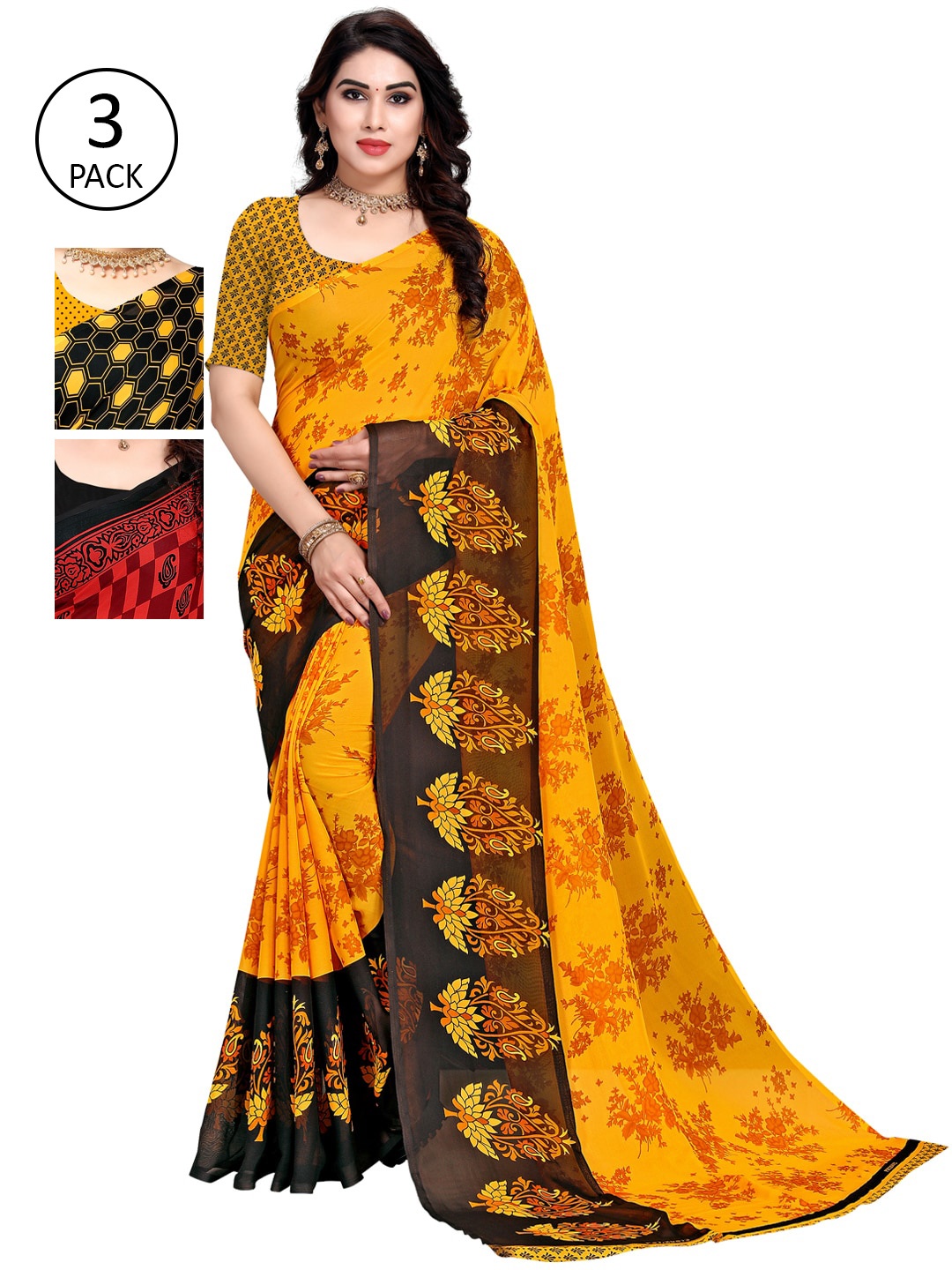

KALINI Pack Of 3 Sarees, Yellow