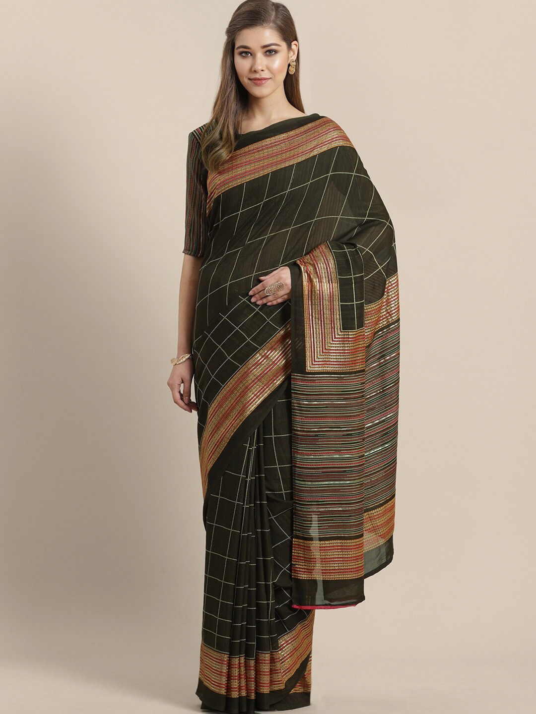 

Saree mall Green & Red Checked Poly Georgette Sarees