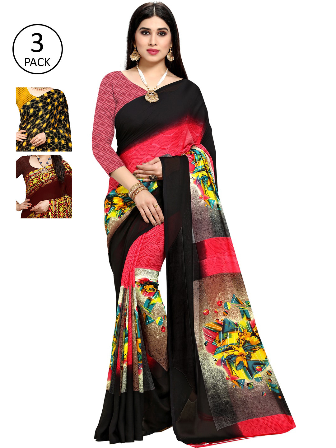 

KALINI Pack of 3 Printed Saree, Brown