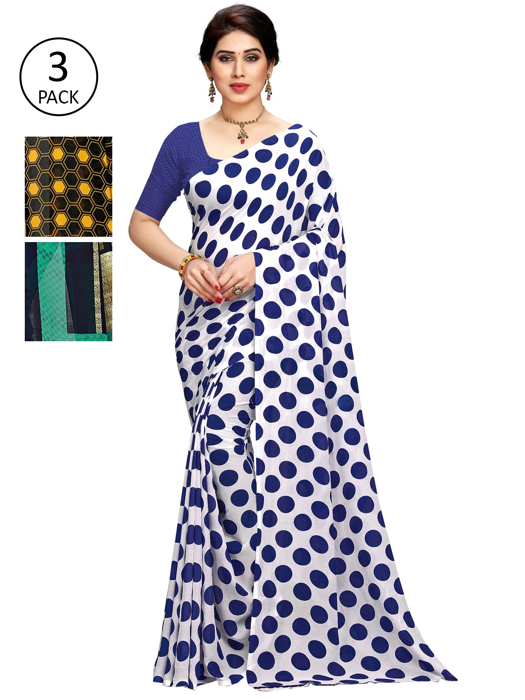 

KALINI Pack of 3 White & Blue Saree
