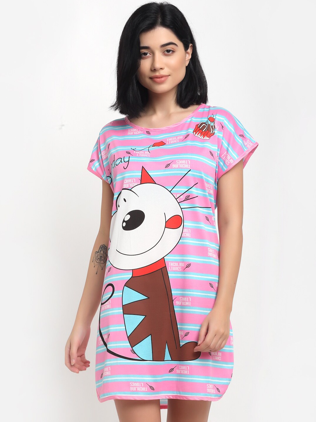 

NEUDIS Women Pink & Blue Printed Sleep Shirt