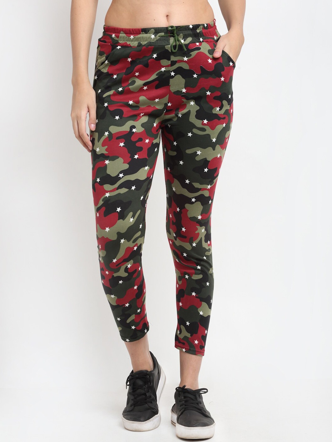 

NEUDIS Women Olive Green & Red Camouflage Slim-Fit Track Pants