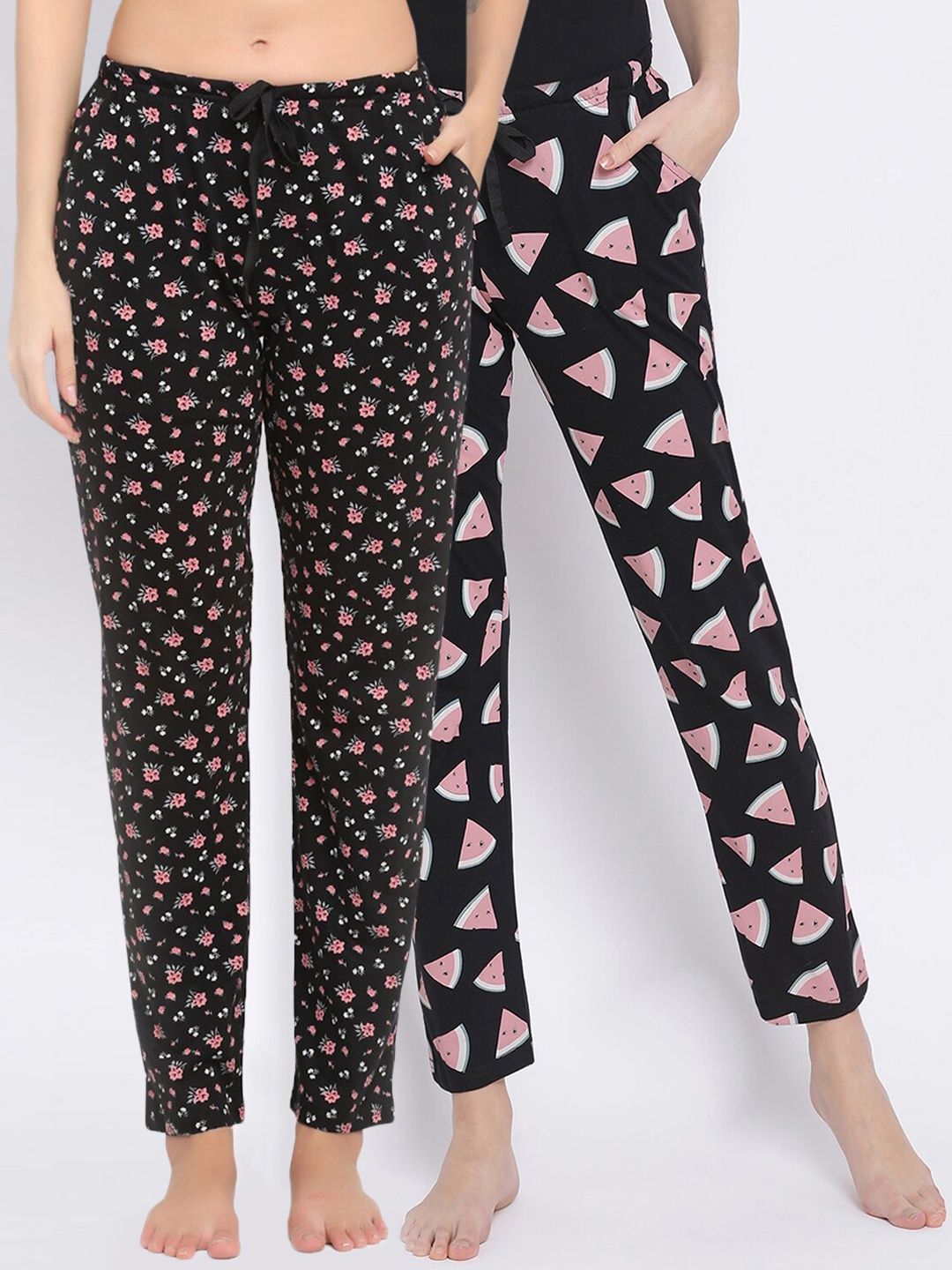 

Kanvin Women Pack Of 2 Printed Pure Cotton Lounge Pants, Black