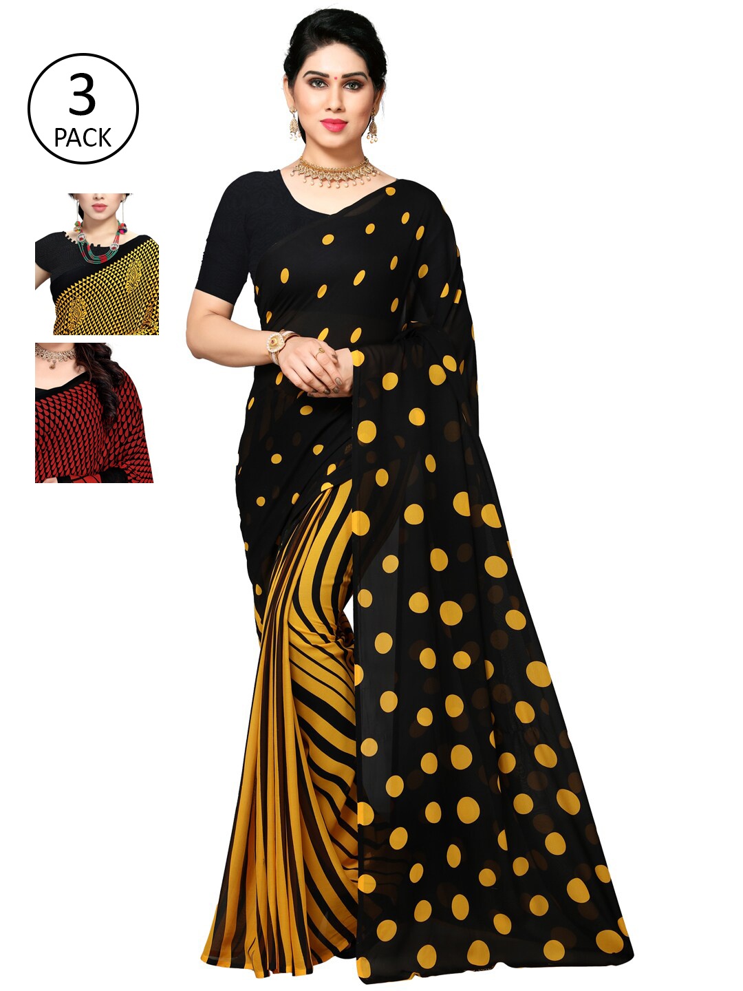 

ANAND SAREES Women Pack of 3 Printed Sarees, Yellow
