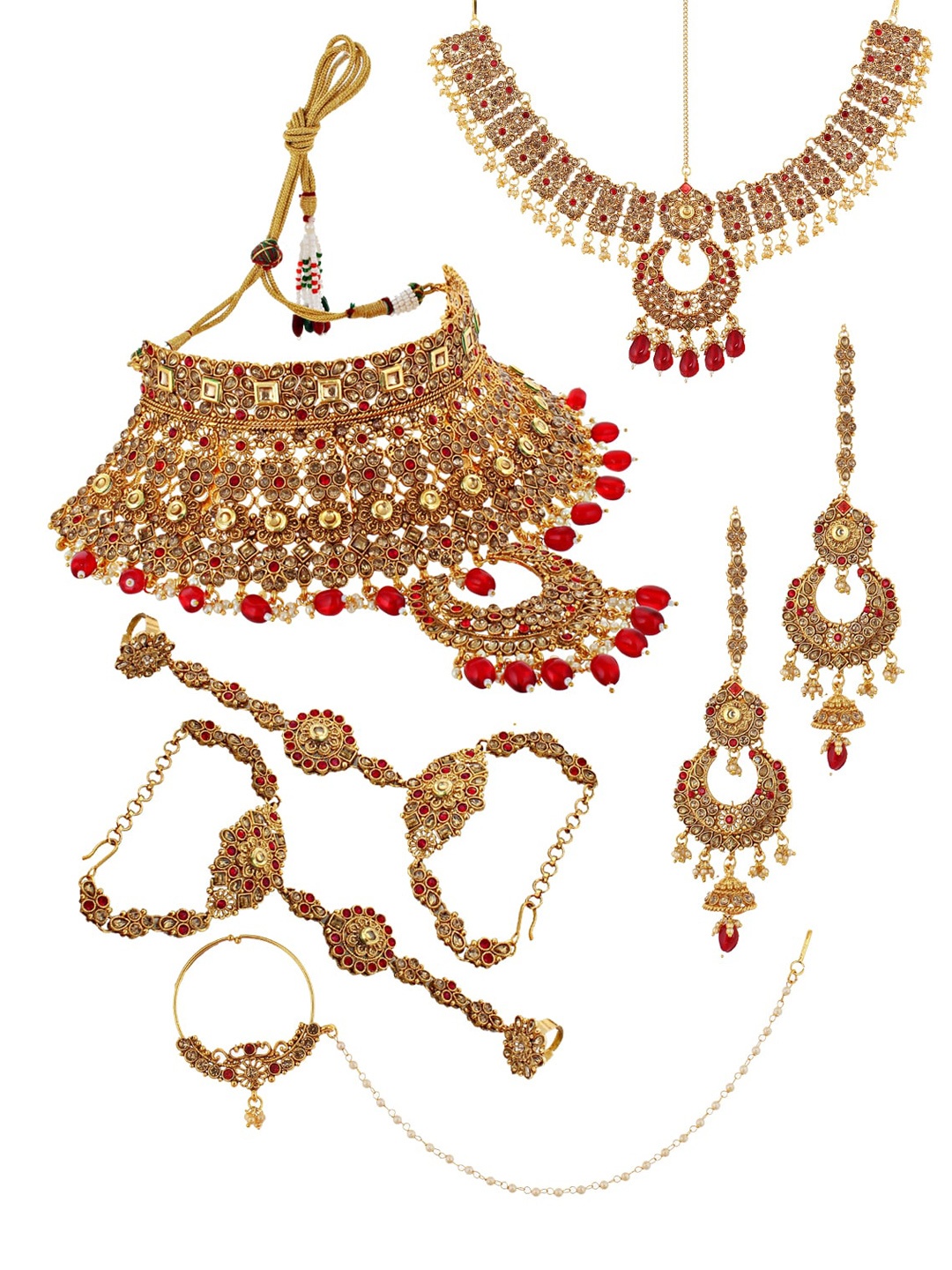 

LUCKY JEWELLERY Gold-Plated & Red Stone-Studded & Beaded Handcrafted Jewellery Set