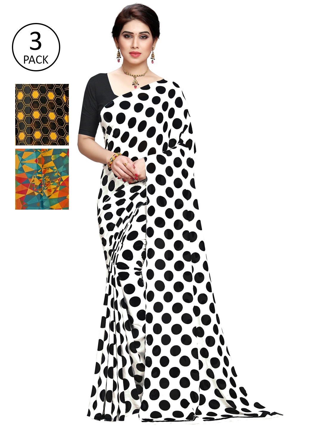 

KALINI Women Pack of 3 Printed Poly Georgette Sarees, White