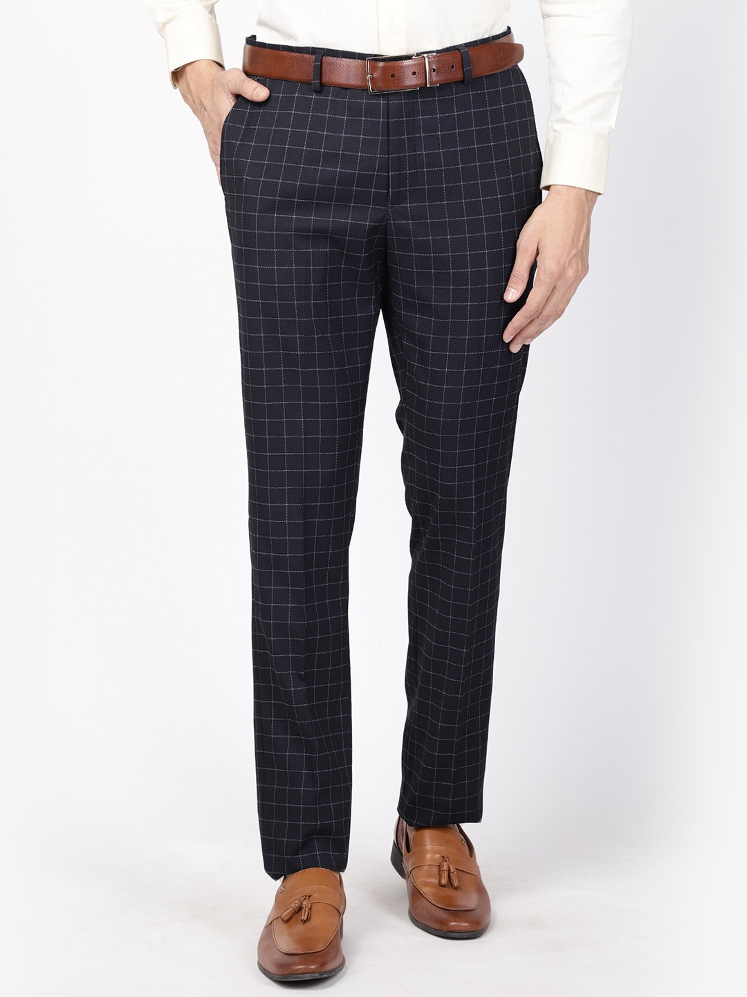 

Blackberrys Men Navy Blue Checked B-91 Skinny Fit Formal Trousers