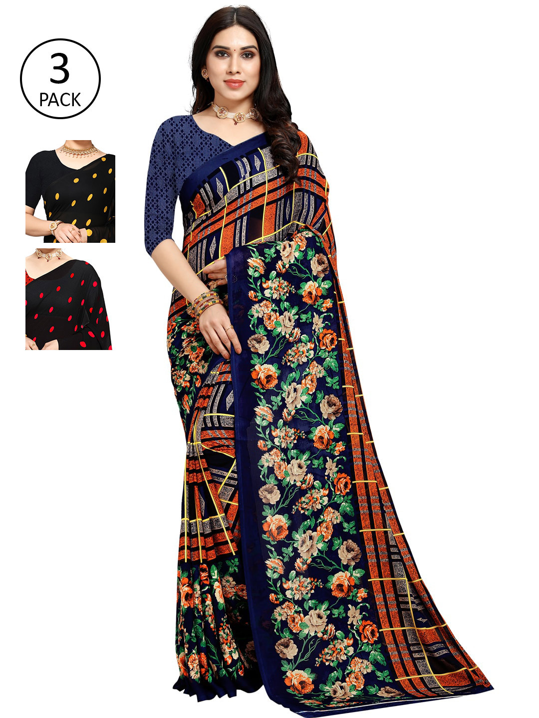 

KALINI Pack Of 3 Multicoloured Poly Georgette Sarees, Multi