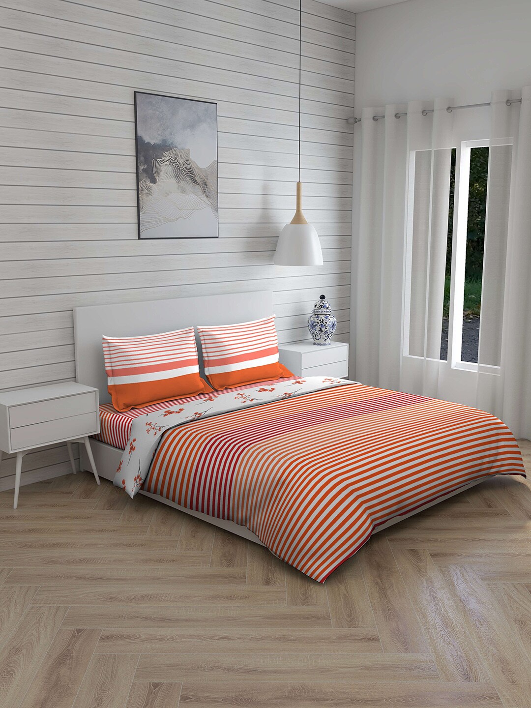 

Layers Peach-Coloured & White Striped Pure Cotton 144 TC Double Queen Bedding Set With Comforter